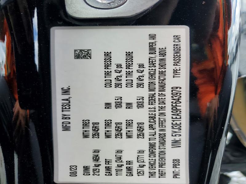 Продаж на аукціоні авто 2023 Tesla Model 3, vin: 5YJ3E1EA9PF643979, номер лоту: 50800666