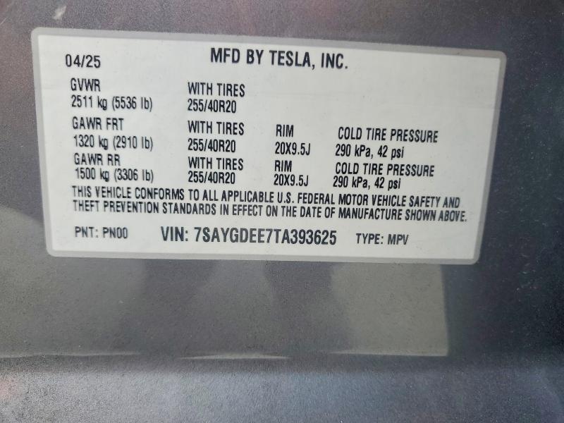50751736 :رقم المزاد ، 7SAYGDEE7TA393625 vin ، 2026 Tesla Model Y مزاد بيع