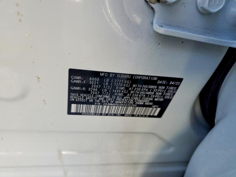 2022 Subaru Ascent მანქანა იყიდება აუქციონზე, vin: 4S4WMARD2N3435260, აუქციონის ნომერი: 48923616