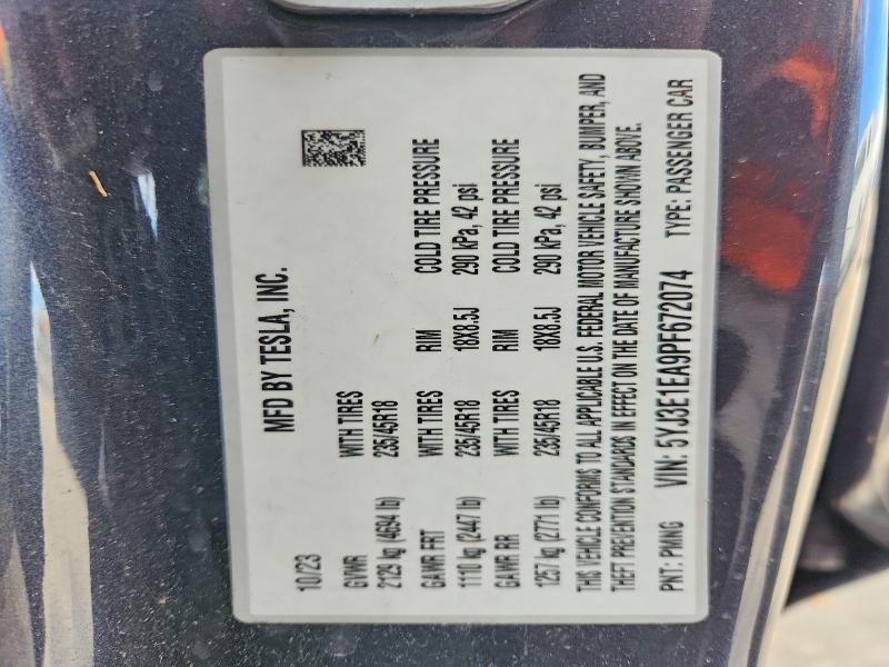 2023 Tesla Model 3 მანქანა იყიდება აუქციონზე, vin: 5YJ3E1EA9PF672074, აუქციონის ნომერი: 49963916
