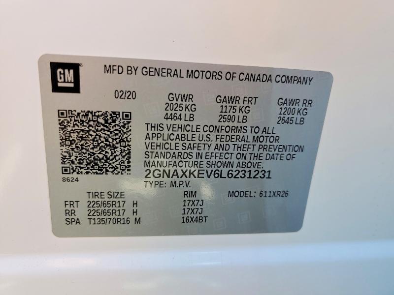 Продажа на аукционе авто 2020 Chevrolet Equinox, vin: 2GNAXKEV6L6231231, номер лота: 52071116
