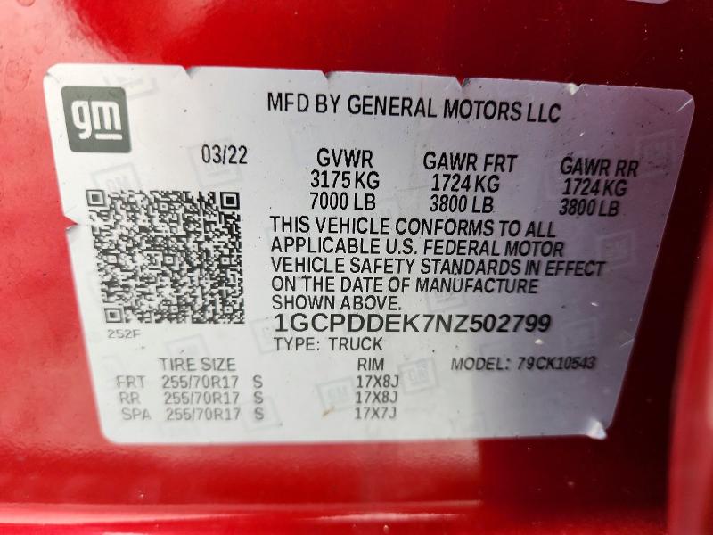 Aukcja sprzedaży 2022 Chevrolet Silverado, vin: 1GCPDDEK7NZ502799, numer aukcji: 51688036