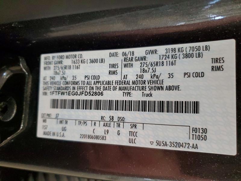 Aukcja sprzedaży 2018 Ford F150, vin: 1FTFW1EG0JFD52806, numer aukcji: 50794836