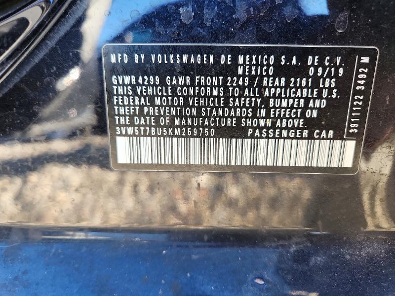 49582796 :رقم المزاد ، 3VW5T7BU5KM259750 vin ، 2019 Volkswagen Jetta مزاد بيع