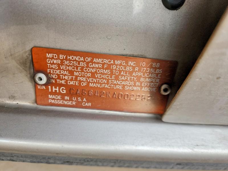 1989 Honda Accord მანქანა იყიდება აუქციონზე, vin: 1HGCA5642KA002252, აუქციონის ნომერი: 50938886