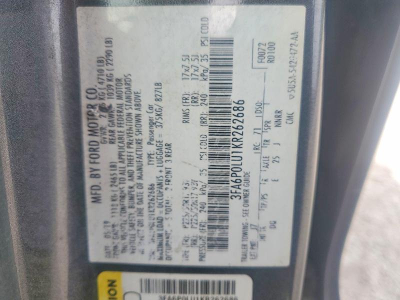 2019 Ford Fusion მანქანა იყიდება აუქციონზე, vin: 3FA6P0LU1KR262686, აუქციონის ნომერი: 49435036