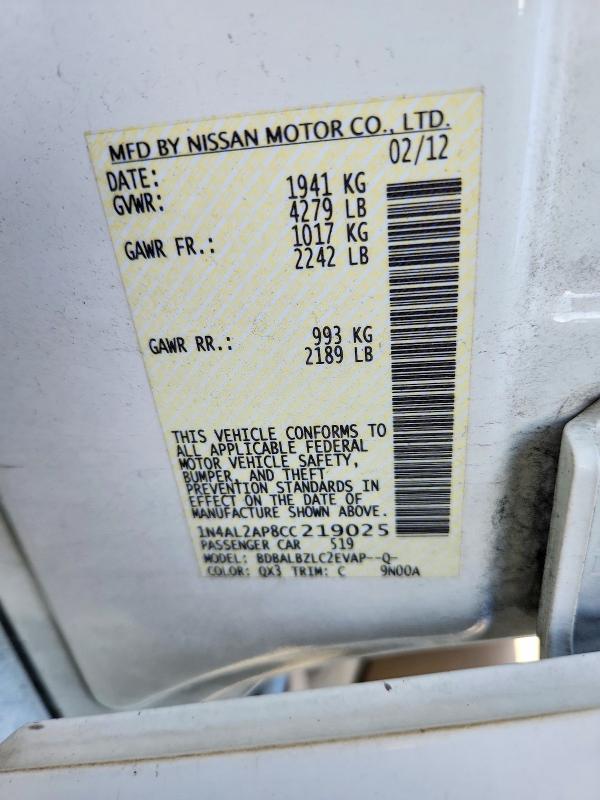 2012 Nissan Altima მანქანა იყიდება აუქციონზე, vin: 1N4AL2AP8CC219025, აუქციონის ნომერი: 51039866
