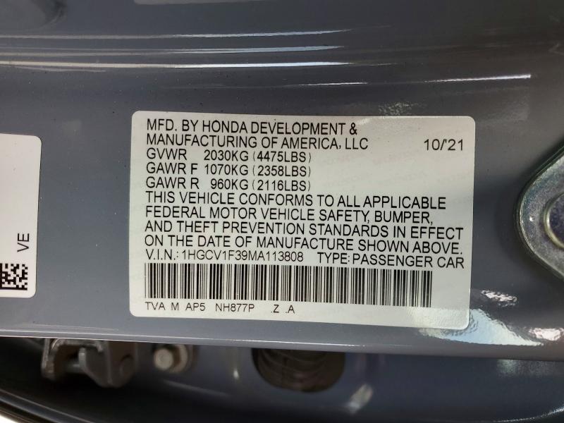 Продажа на аукционе авто 2021 Honda Accord, vin: 1HGCV1F39MA113808, номер лота: 49842356