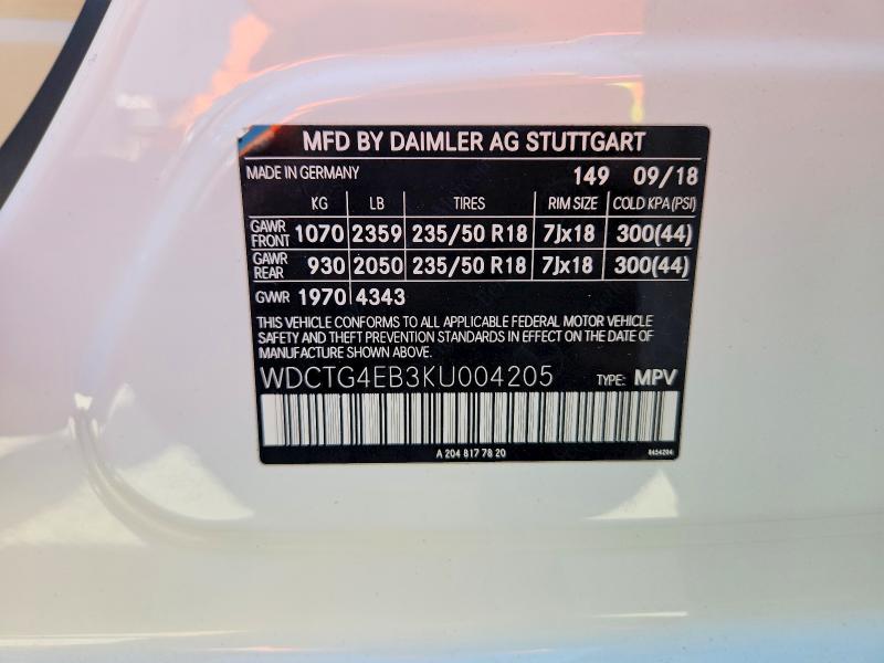 Aukcja sprzedaży 2019 Mercedes-benz Gla, vin: WDCTG4EB3KU004205, numer aukcji: 50116506