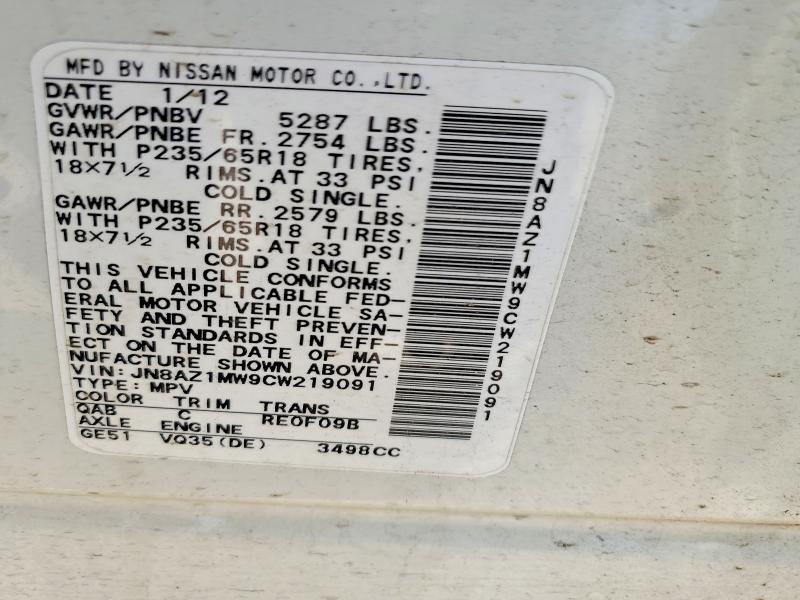 2012 Nissan Murano მანქანა იყიდება აუქციონზე, vin: JN8AZ1MW9CW219091, აუქციონის ნომერი: 50128316