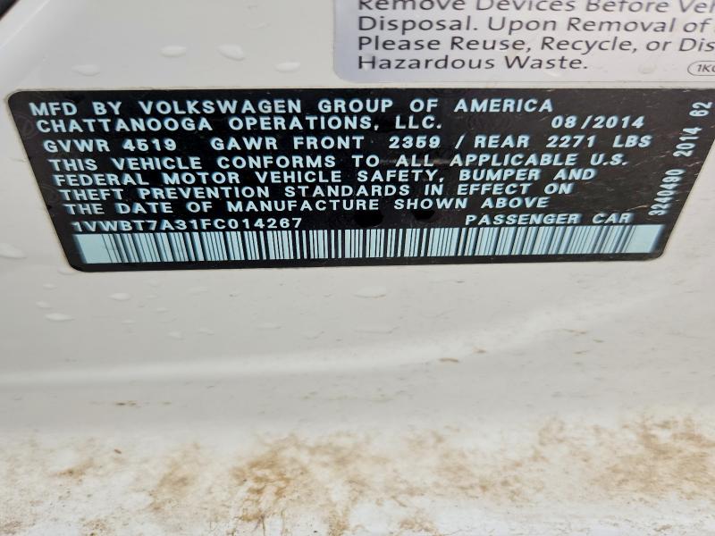 51447636 :رقم المزاد ، 1VWBT7A31FC014267 vin ، 2015 Volkswagen Passat مزاد بيع