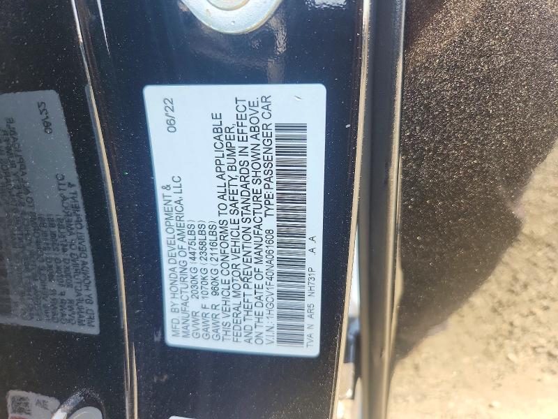 51097916 :رقم المزاد ، 1HGCV1F40NA061608 vin ، 2022 Honda Accord مزاد بيع