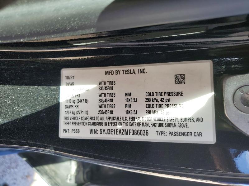 Продажа на аукционе авто 2021 Tesla Model 3, vin: 5YJ3E1EA2MF086036, номер лота: 49064326