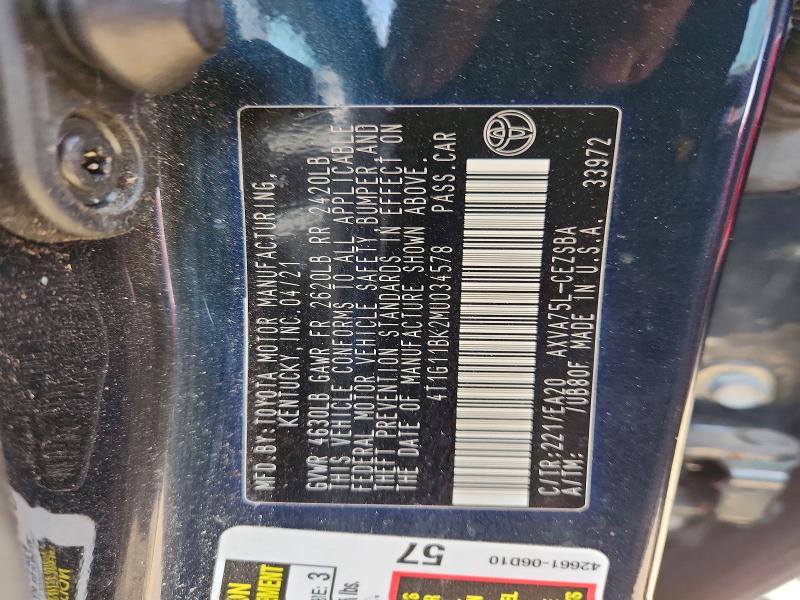 48399616 :رقم المزاد ، 4T1G11BK2MU034578 vin ، 2021 Toyota Camry مزاد بيع