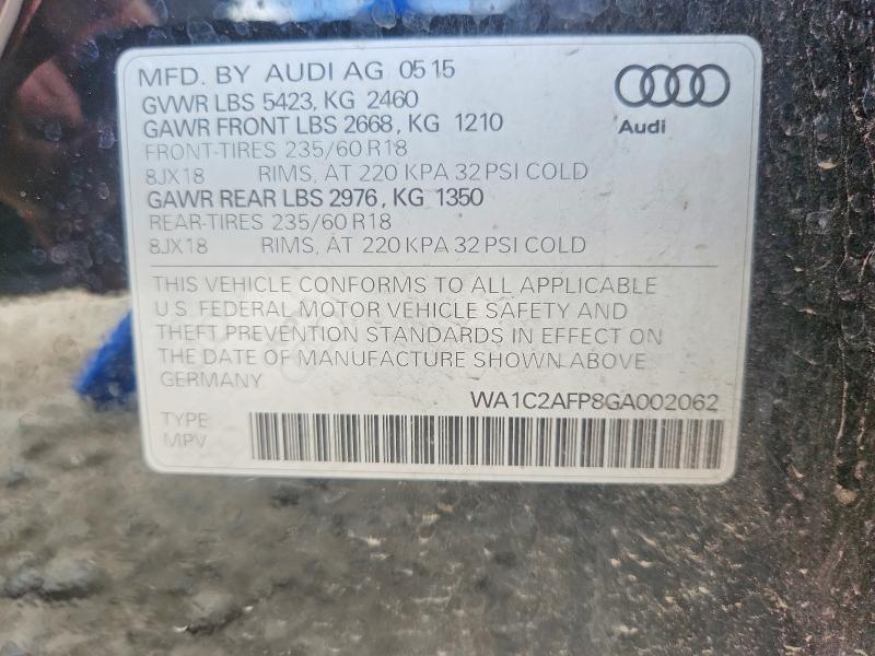 2016 Audi Q5 მანქანა იყიდება აუქციონზე, vin: WA1C2AFP8GA002062, აუქციონის ნომერი: 49236446