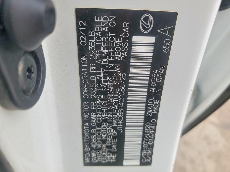 51691726 :رقم المزاد ، JTHKD5BH4C2086725 vin ، 2012 Lexus Ct 200h مزاد بيع