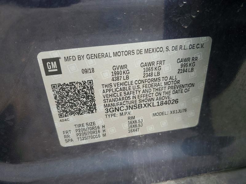 Aukcja sprzedaży 2019 Chevrolet Trax, vin: 3GNCJNSBXKL184026, numer aukcji: 49309486