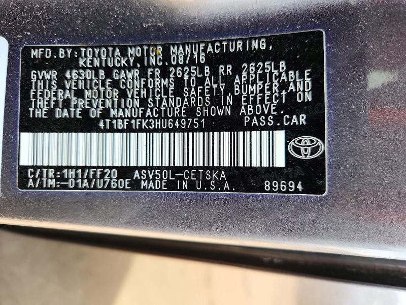 Продажа на аукционе авто 2017 Toyota Camry, vin: 4T1BF1FK3HU649751, номер лота: 49740516