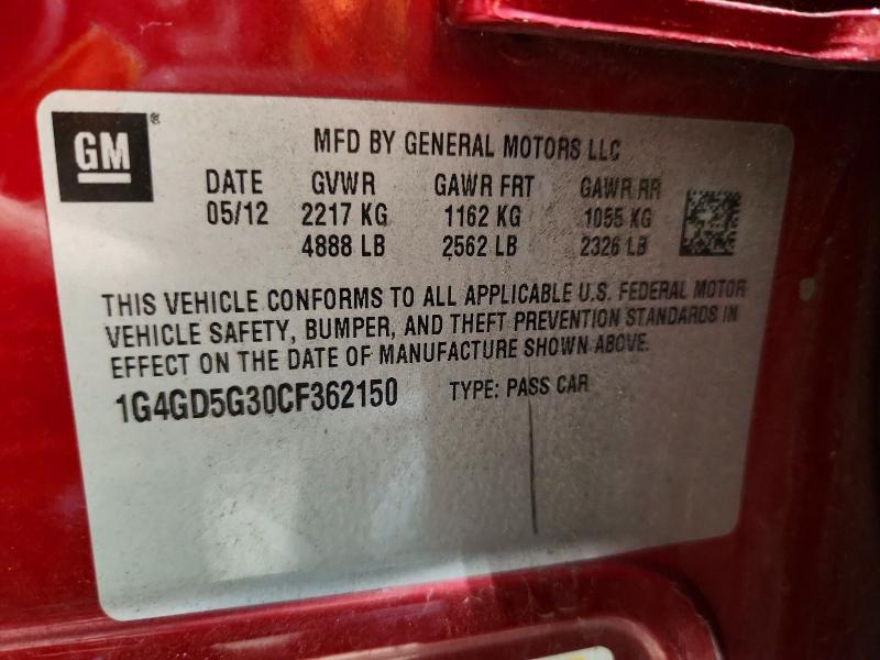 Auction sale of the 2012 Buick Lacrosse, vin: 1G4GD5G30CF362150, lot number: 51897526