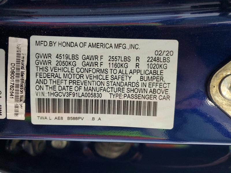 51619156 :رقم المزاد ، 1HGCV3F91LA005830 vin ، 2020 Honda Accord مزاد بيع