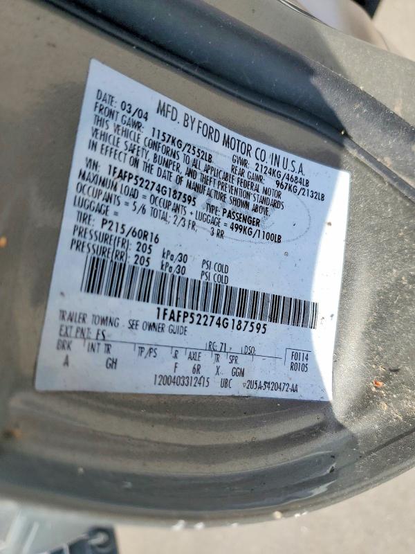 2004 Ford Taurus მანქანა იყიდება აუქციონზე, vin: 1FAFP52274G187595, აუქციონის ნომერი: 51567316