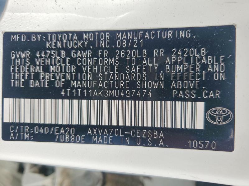 51664086 :رقم المزاد ، 4T1T11AK3MU497474 vin ، 2021 Toyota Camry مزاد بيع