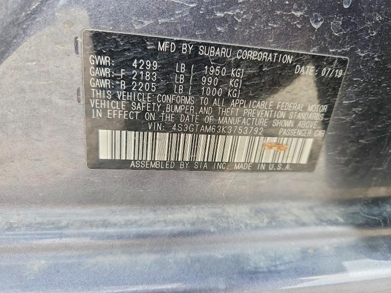 2019 Subaru Impreza მანქანა იყიდება აუქციონზე, vin: 4S3GTAM63K3753792, აუქციონის ნომერი: 51798636