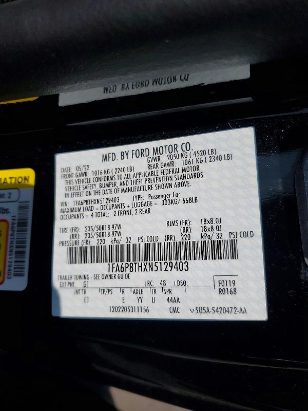 Продаж на аукціоні авто 2022 Ford Mustang, vin: 1FA6P8THXN5129403, номер лоту: 47665586