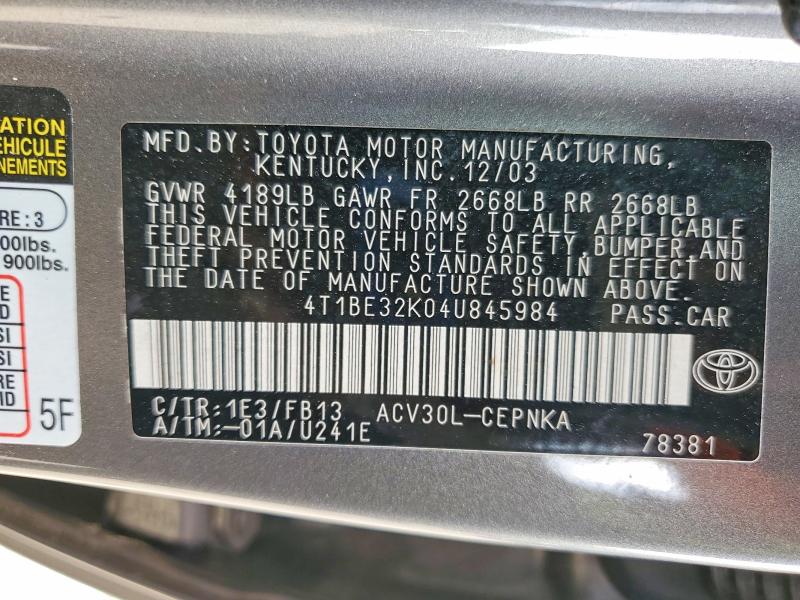 Продажа на аукционе авто 2004 Toyota Camry, vin: 4T1BE32K04U845984, номер лота: 48289246
