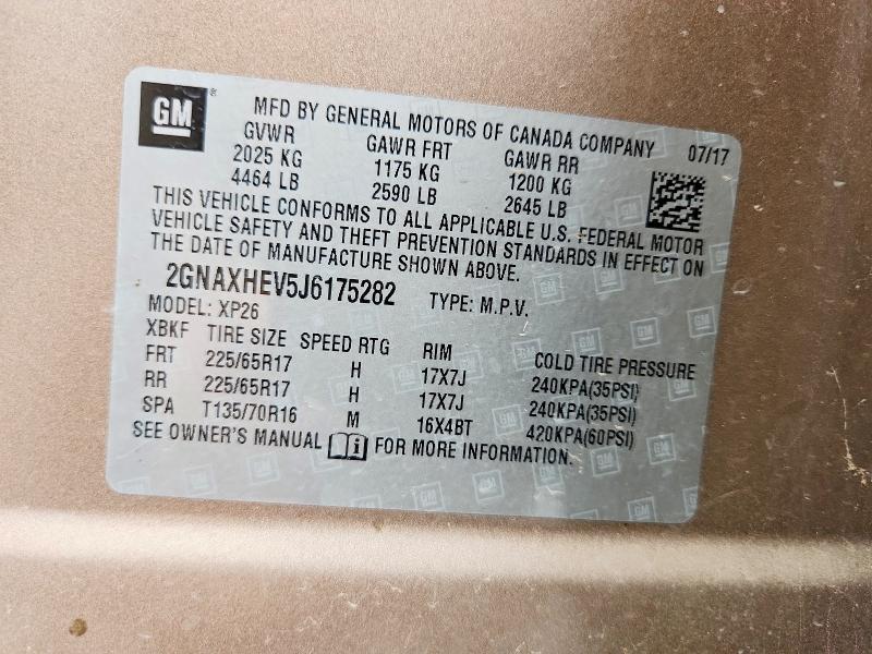 49559336 :رقم المزاد ، 2GNAXHEV5J6175282 vin ، 2018 Chevrolet Equinox مزاد بيع