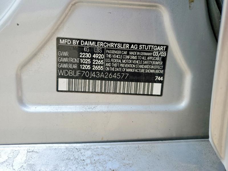 Aukcja sprzedaży 2003 Mercedes Benz E, vin: WDBUF70J43A264577, numer aukcji: 46107536
