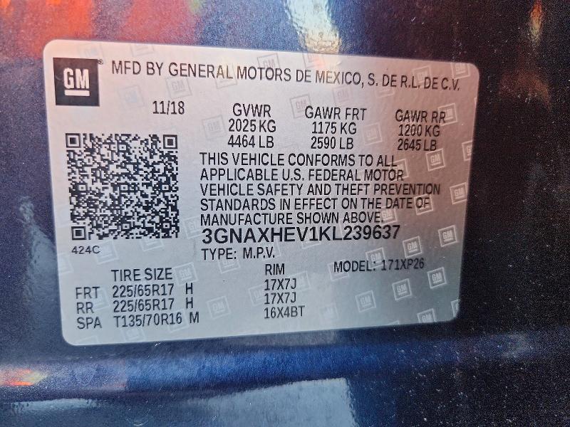 2019 Chevrolet Equinox მანქანა იყიდება აუქციონზე, vin: 3GNAXHEV1KL239637, აუქციონის ნომერი: 50576056