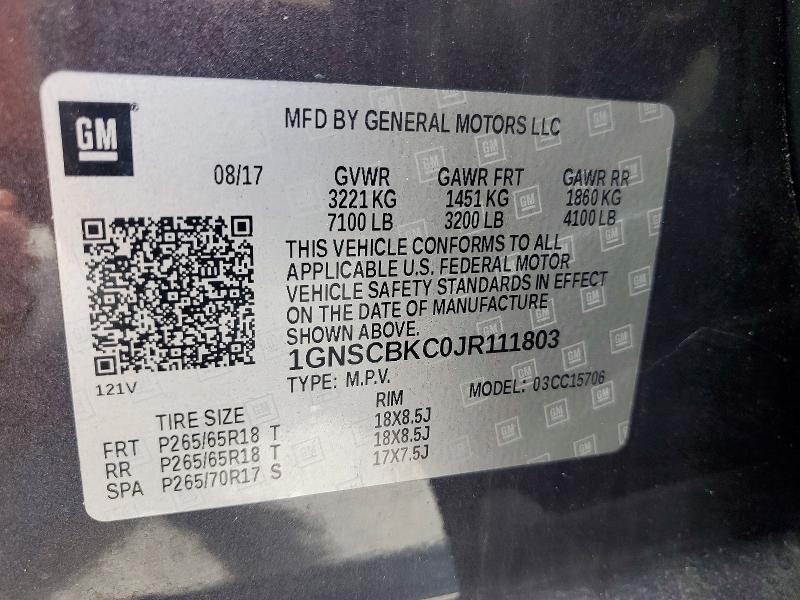 Aukcja sprzedaży 2018 Chevrolet Tahoe, vin: 1GNSCBKC0JR111803, numer aukcji: 51997976
