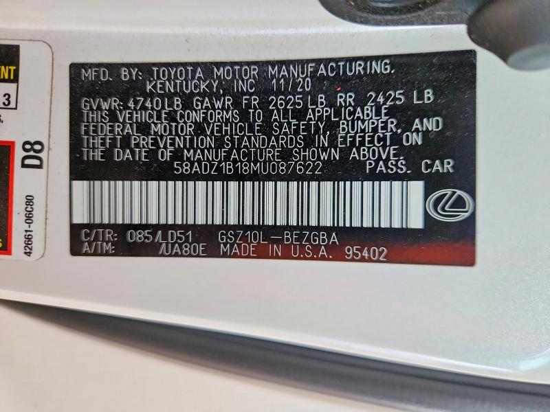 2021 Lexus Es მანქანა იყიდება აუქციონზე, vin: 58ADZ1B18MU087622, აუქციონის ნომერი: 49759626