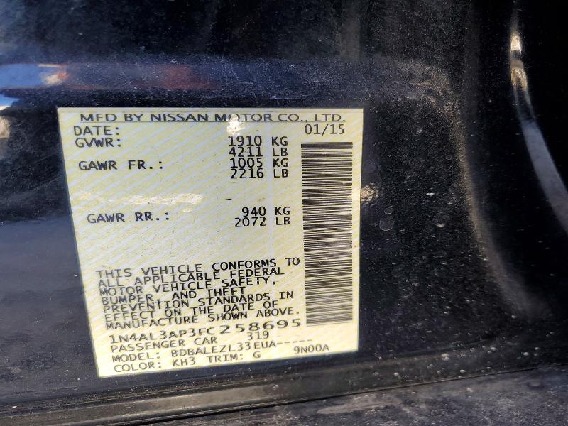 2015 Nissan Altima მანქანა იყიდება აუქციონზე, vin: 1N4AL3AP3FC258695, აუქციონის ნომერი: 49626206