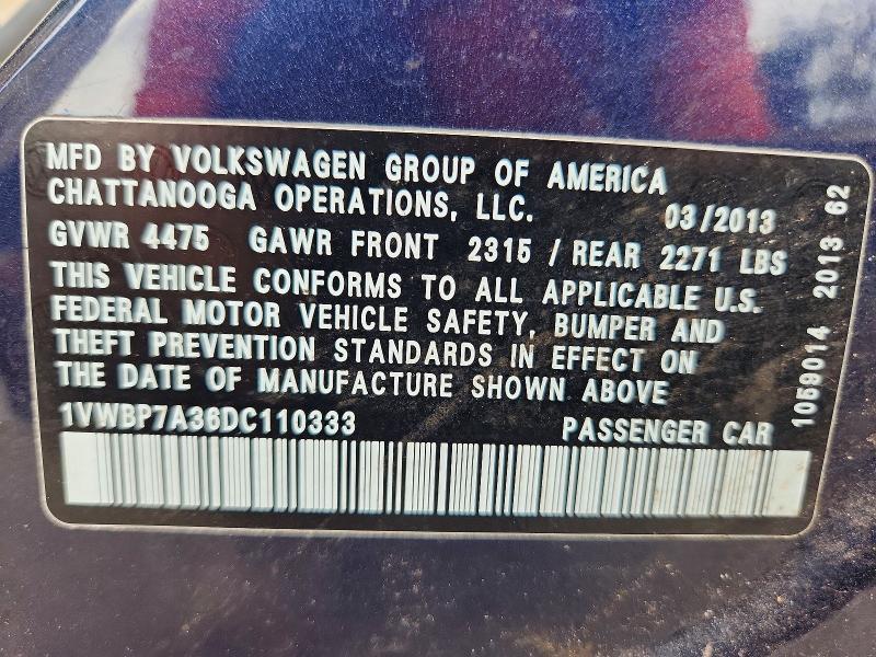48342096 :رقم المزاد ، 1VWBP7A36DC110333 vin ، 2013 Volkswagen Passat مزاد بيع