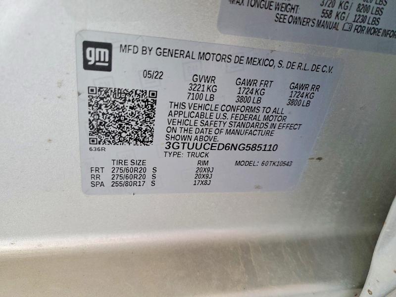 Aukcja sprzedaży 2022 Gmc Sierra, vin: 3GTUUCED6NG585110, numer aukcji: 49387256
