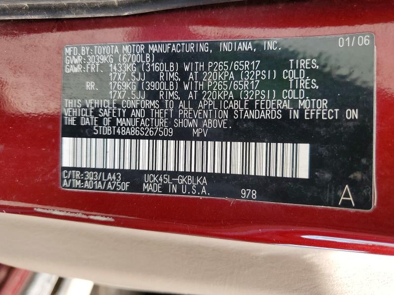 51140716 :رقم المزاد ، 5TDBT48A86S267509 vin ، 2006 Toyota Sequoia مزاد بيع