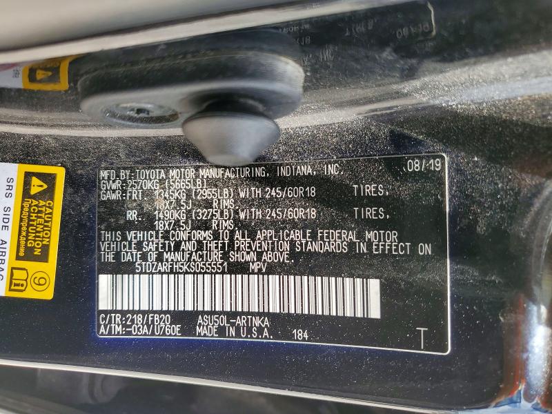 49436426 :رقم المزاد ، 5TDZARFH5KS055551 vin ، 2019 Toyota Highlander مزاد بيع