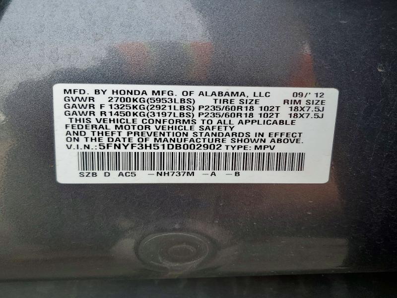 2013 Honda Pilot მანქანა იყიდება აუქციონზე, vin: 5FNYF3H51DB002902, აუქციონის ნომერი: 51809396