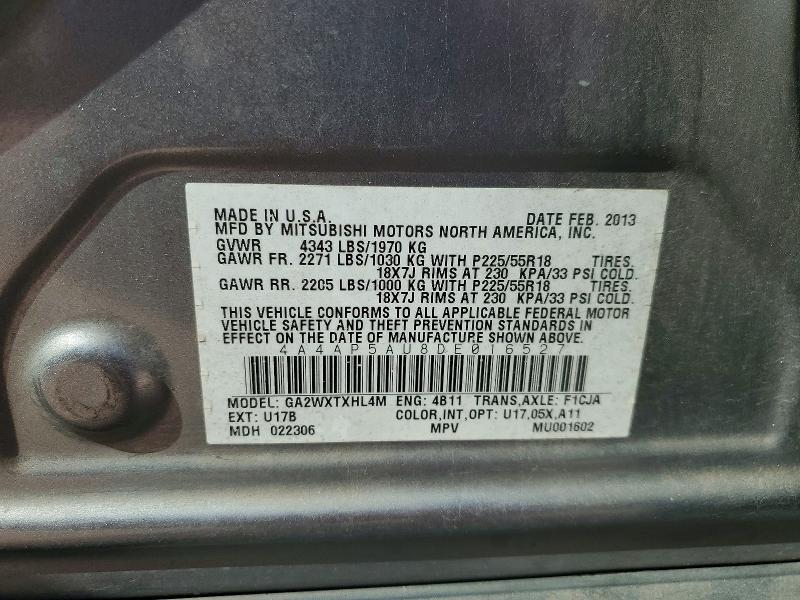 2013 Mitsubishi Outlander Sport მანქანა იყიდება აუქციონზე, vin: 4A4AP5AU8DE016527, აუქციონის ნომერი: 49012106