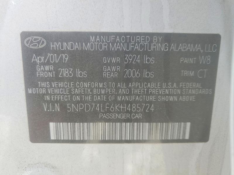 Продаж на аукціоні авто 2019 Hyundai Elantra, vin: 5NPD74LF6KH485724, номер лоту: 49612136