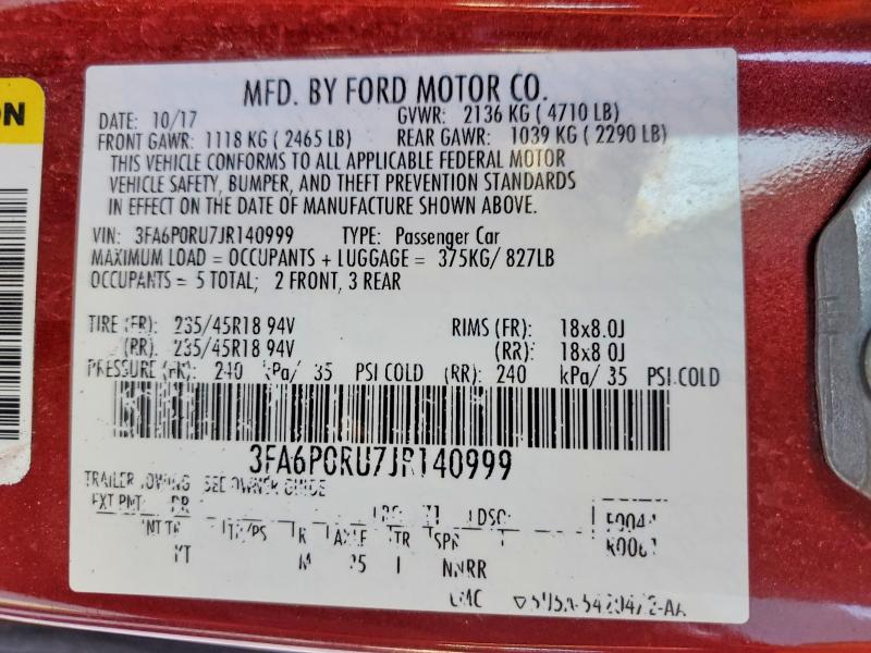 50770916 :رقم المزاد ، 3FA6P0RU7JR140999 vin ، 2018 Ford Fusion مزاد بيع