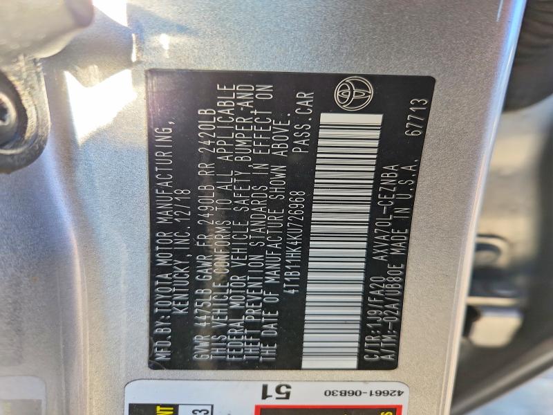 48846916 :رقم المزاد ، 4T1B11HK4KU726968 vin ، 2019 Toyota Camry مزاد بيع
