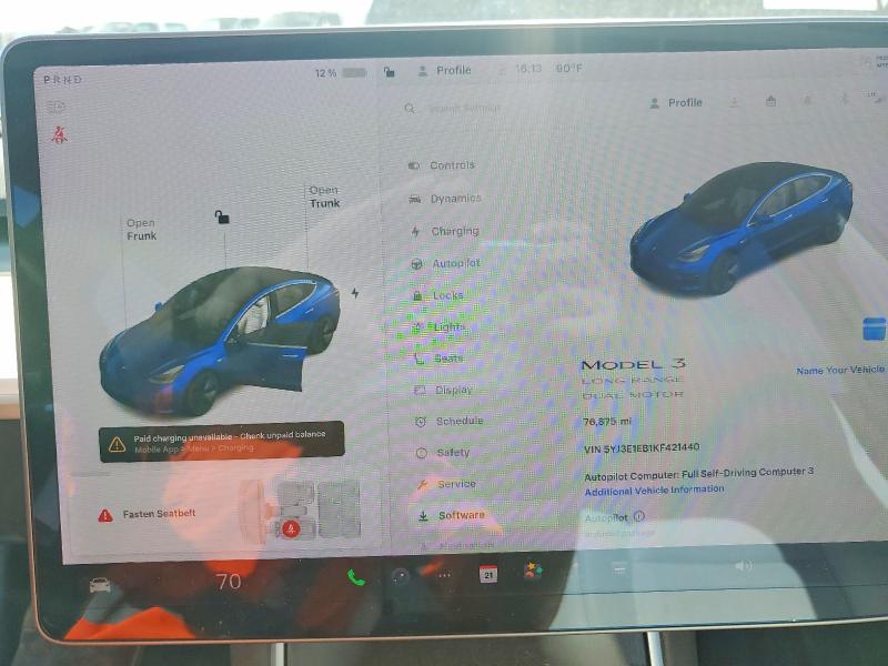2019 Tesla Model 3 მანქანა იყიდება აუქციონზე, vin: 5YJ3E1EB1KF421440, აუქციონის ნომერი: 49550136