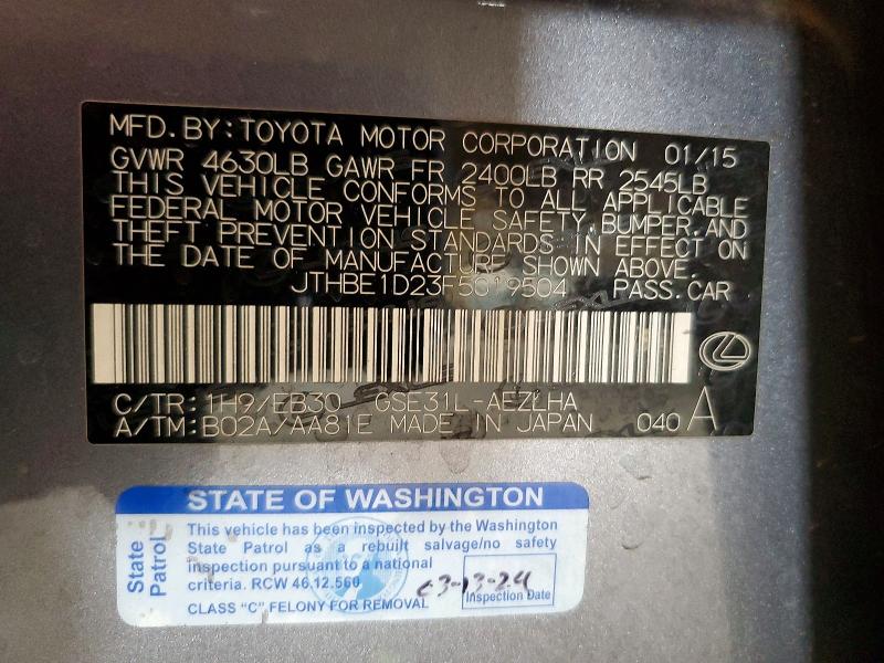 51887886 :رقم المزاد ، JTHBE1D23F5019504 vin ، 2015 Lexus Is مزاد بيع