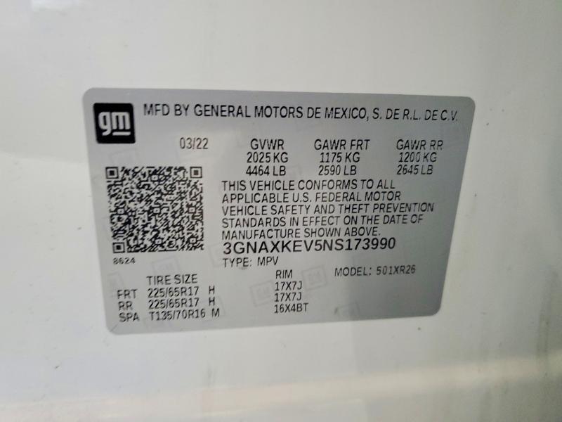 53305226 :رقم المزاد ، 3GNAXKEV5NS173990 vin ، 2022 Chevrolet Equinox مزاد بيع