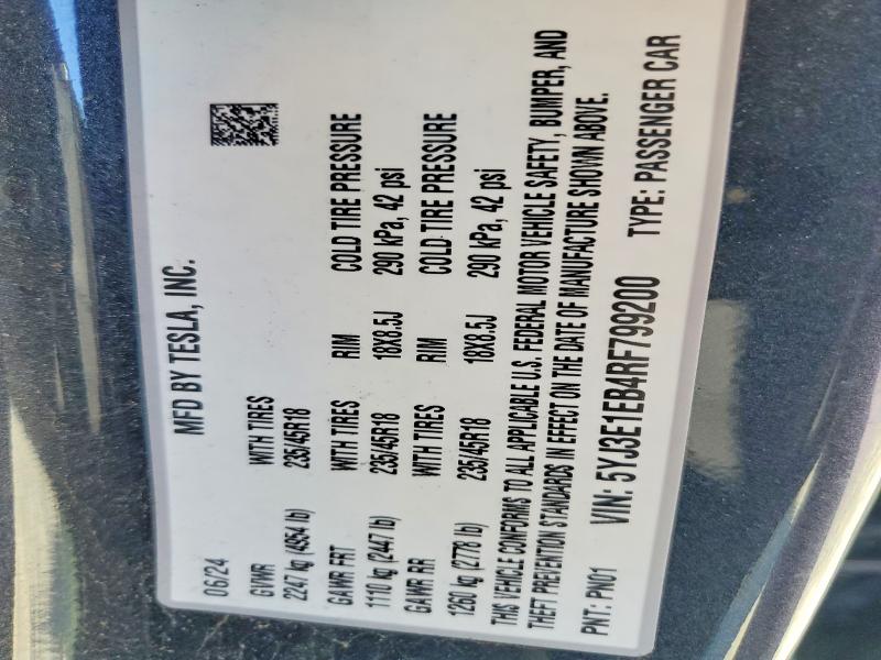 Продаж на аукціоні авто 2024 Tesla Model 3, vin: 5YJ3E1EB4RF799200, номер лоту: 51173116