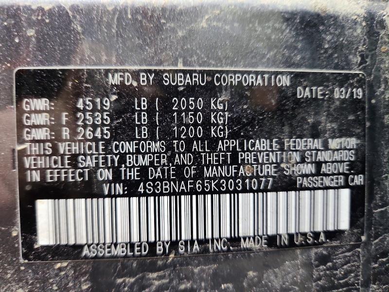 51011506 :رقم المزاد ، 4S3BNAF65K3031077 vin ، 2019 Subaru Legacy مزاد بيع
