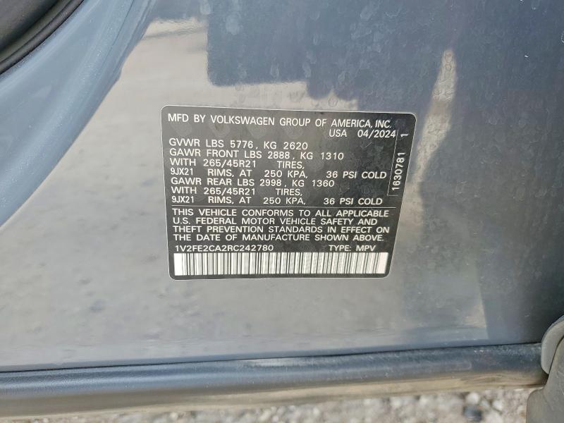 2024 Volkswagen Atlas Cross Sport მანქანა იყიდება აუქციონზე, vin: 1V2FE2CA2RC242780, აუქციონის ნომერი: 48868516